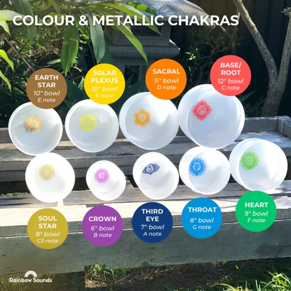 Full Chakra︱Set of 9 White Crystal Singing Bowls in Beige Bags - Image 2