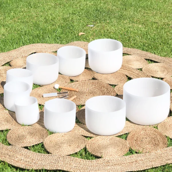 Full Chakra︱Set of 9 White Crystal Singing Bowls in Beige Bags - Image 4